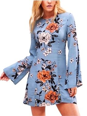 MINKPINK | Blue White Floral Long Sleeve Mini Dress